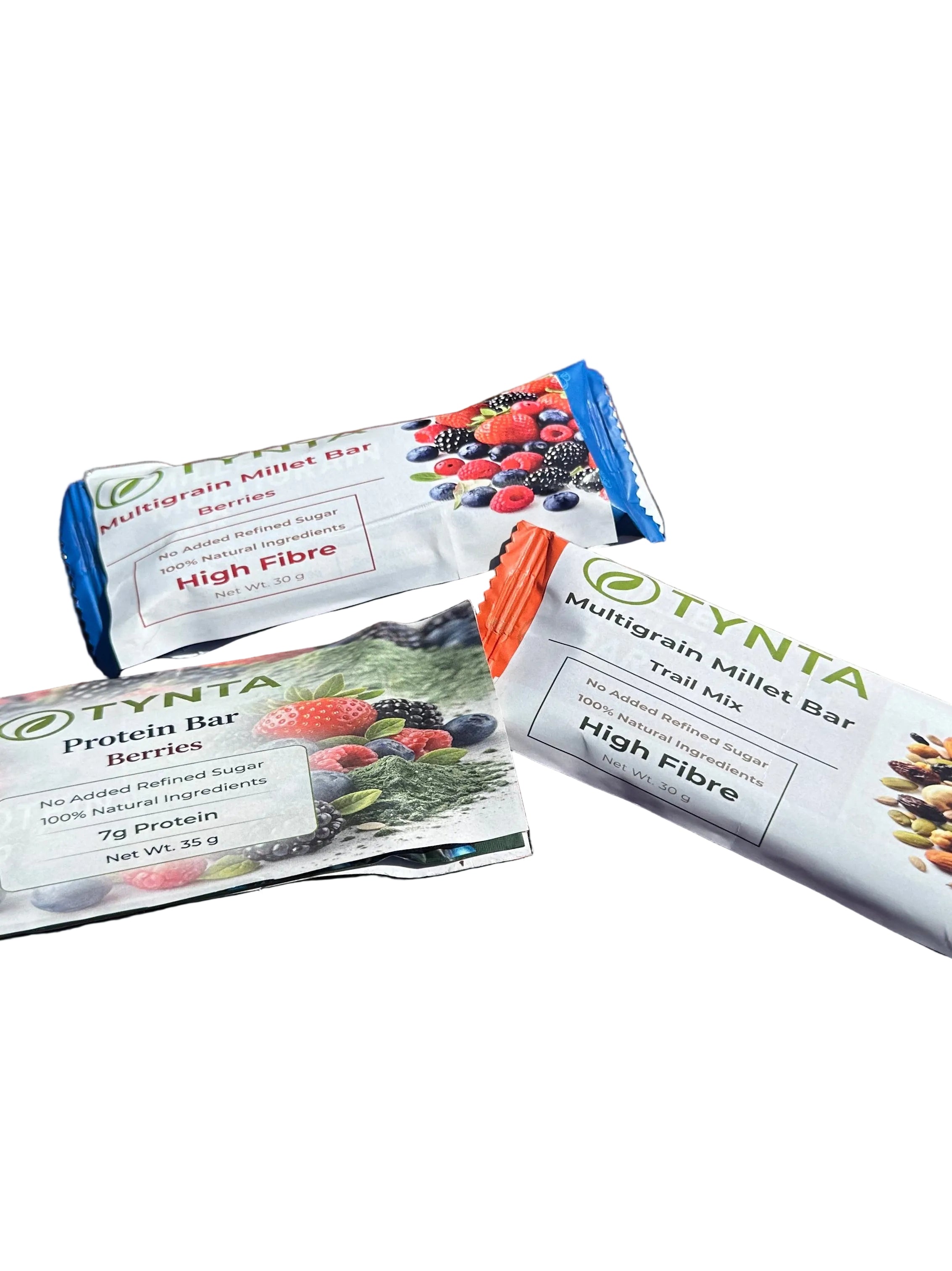TYNTA bar range - Multigrain Millet Bar Berries, Multigrain Millet Bar Trail Mix and Protein Bar Berries on white background