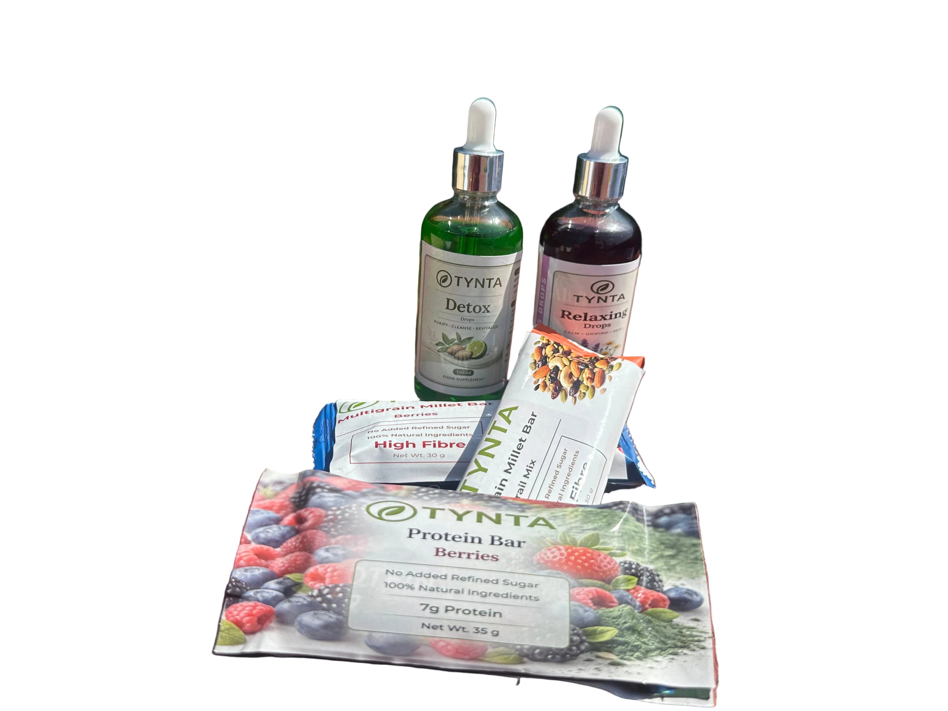 TYNTA Morning to Evening Bundle - Detox Drops, Relaxing Drops and three snack bars on white background