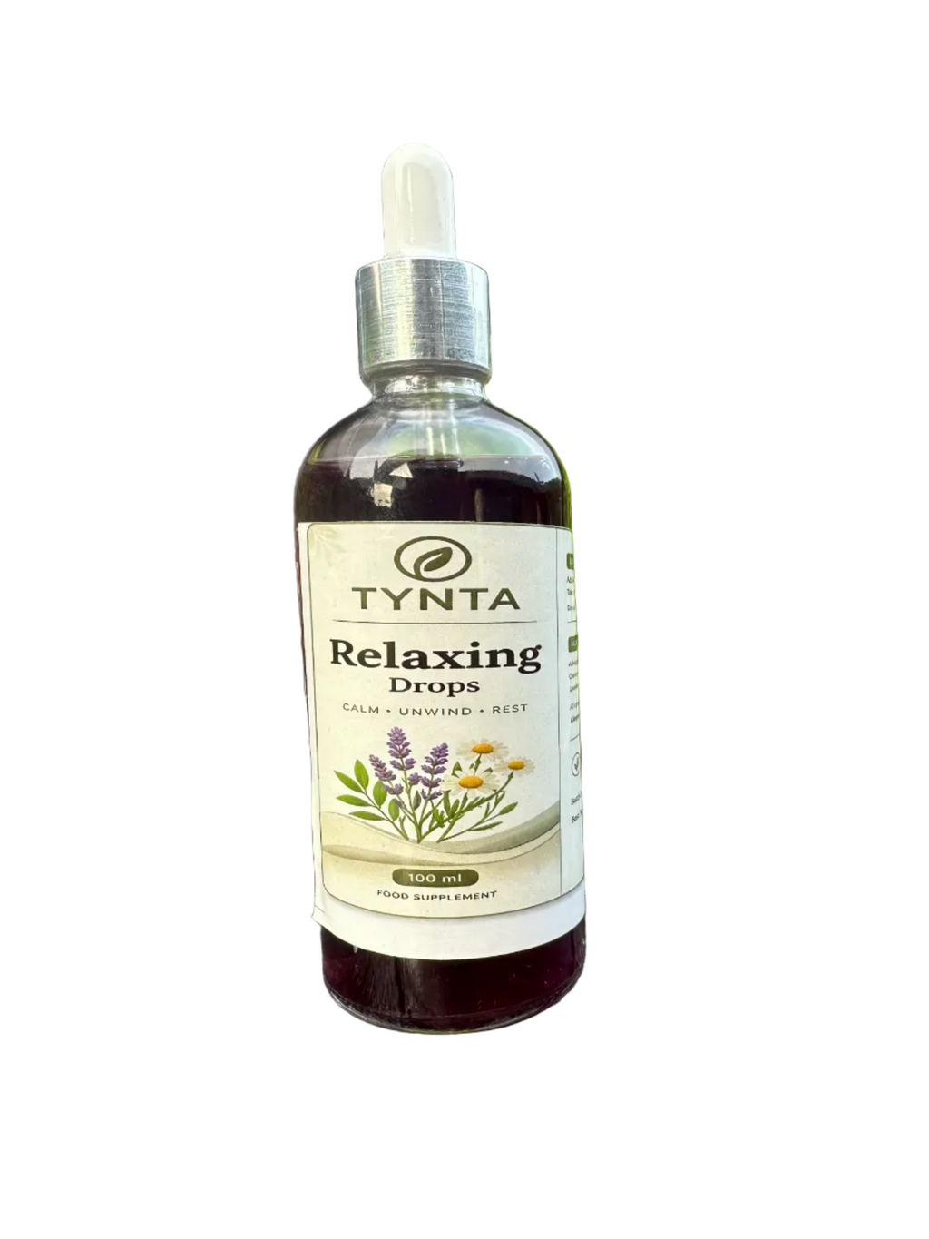 TYNTA Relaxing Drops 100ml glass dropper bottle - Ayurvedic herbal food supplement with Ashwagandha, Chamomile and Lavender